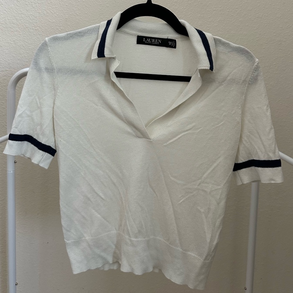 Ralph Lauren Cream Silk Blend with Navy Trim Collared Neck